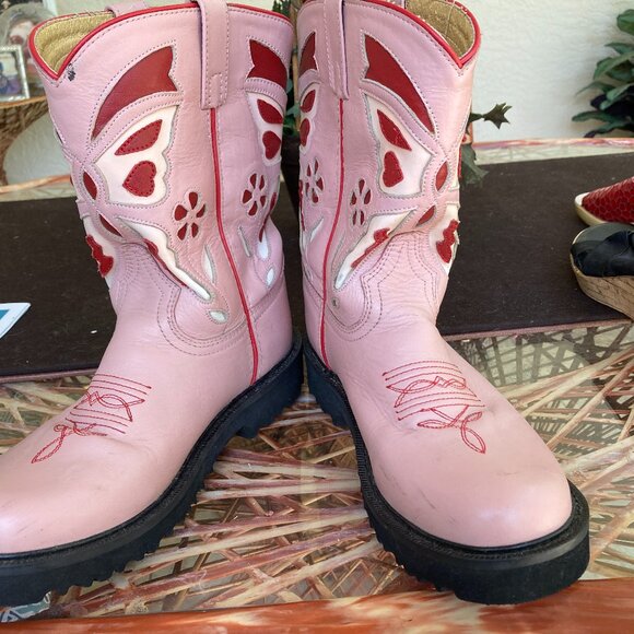 TONY LAMA COWBOY BOOTS COW GIRL PINK SZ 6D SHORT PULL ONS VINTAGE - Picture 1 of 9